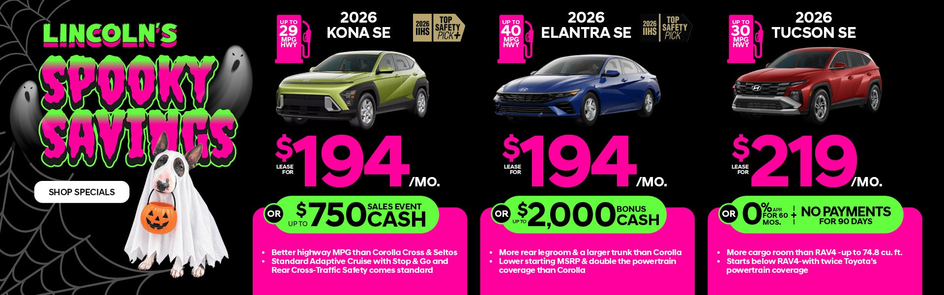 2026 Kona SE, Elantra SE, Tucson SE lease specials