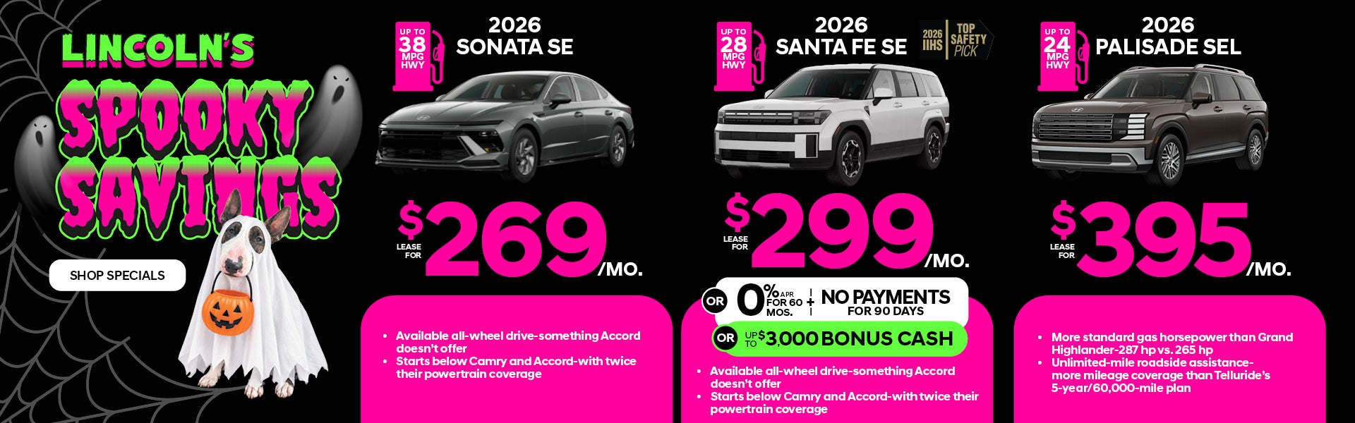 2026 Sonata SE, Santa Fe SE, Palisade SEL lease specials